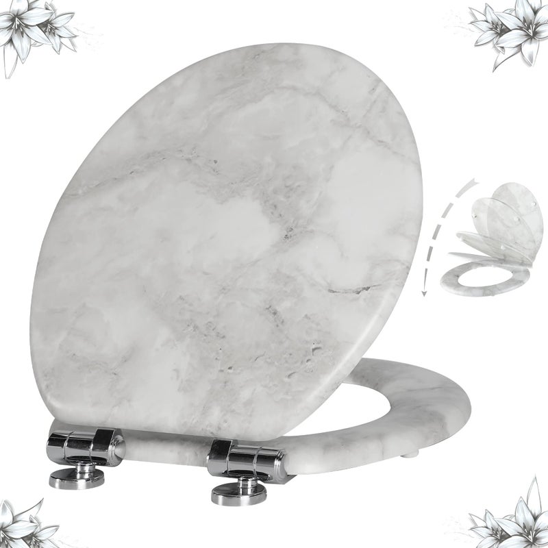 Angel Shield Marble Toilet Seat Durable Molded Wood with Quiet Close,Easy Cleanï¼ŒQuick-Release Hinges (Round,Gray Marble) - Image 1